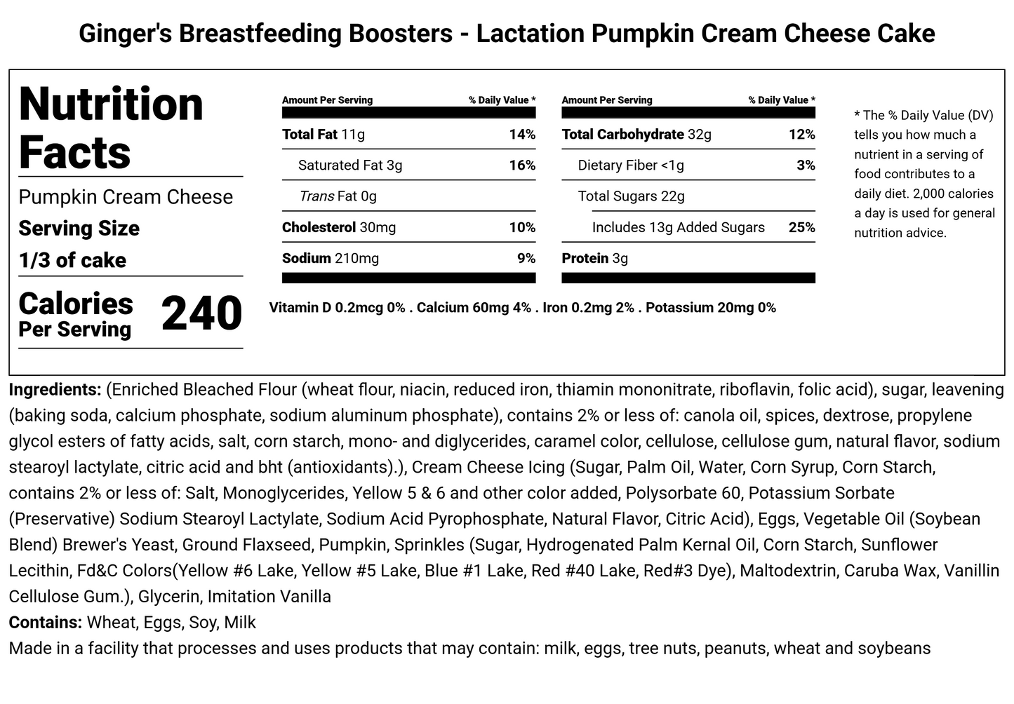 Pumpkin Cream Cheese - Lactation Cake