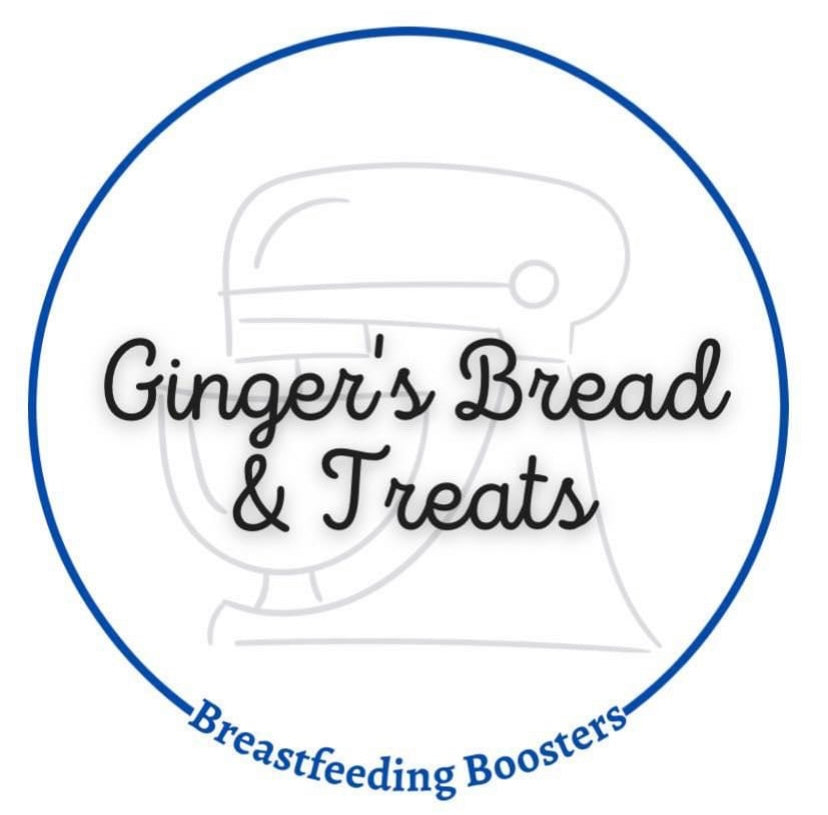 Ginger's Bread and Treats Breastfeeding Boosters logo, circle logo with blue circle and outline of tabletop mixer in background